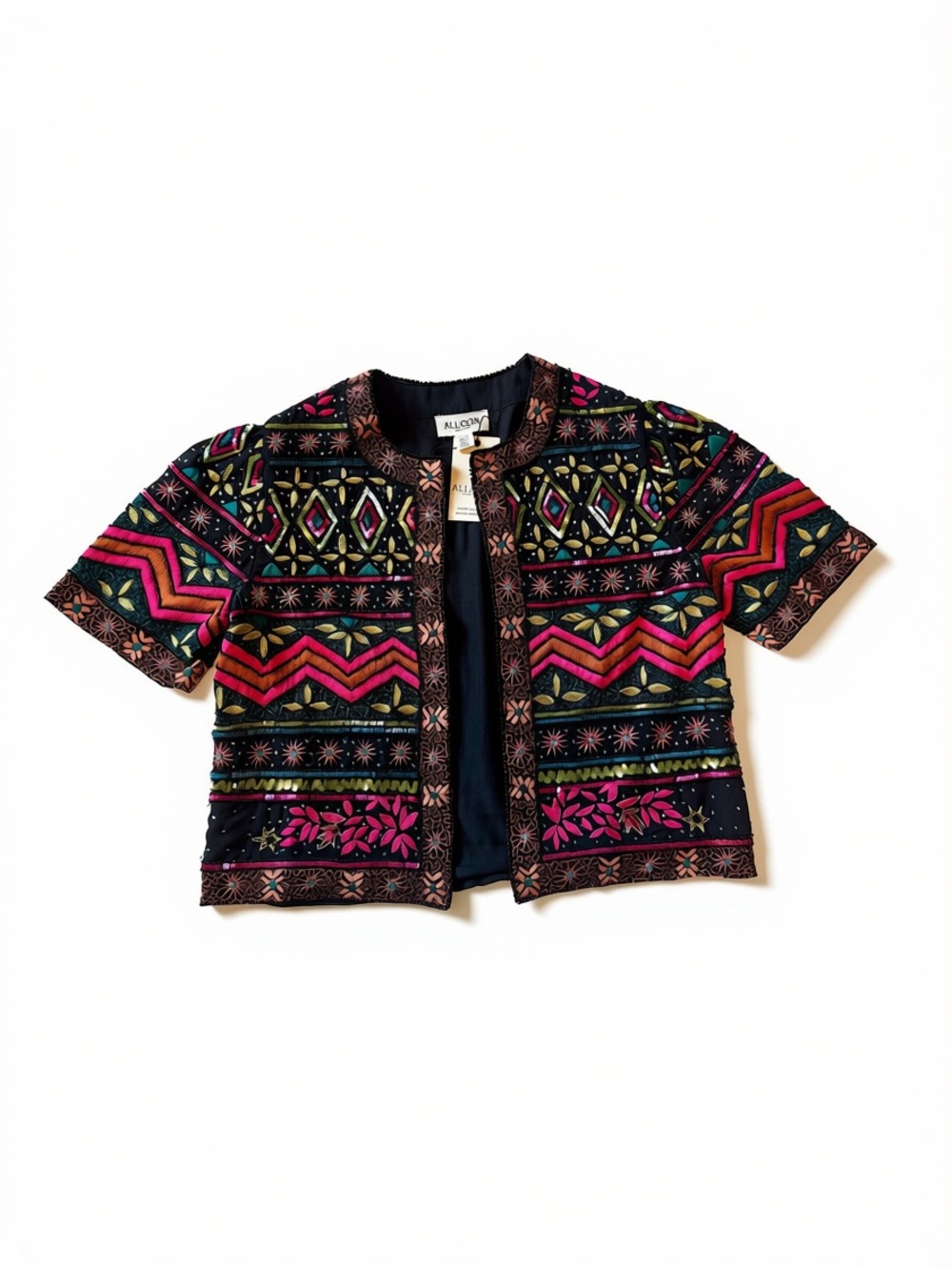 Allison New York  Embroidered Short Sleeve Jacket - Pink & Green